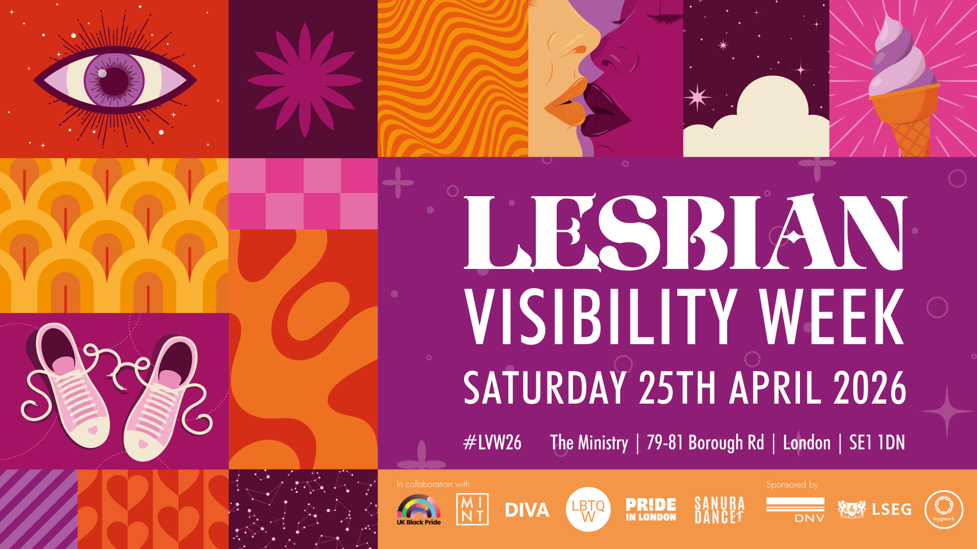 Lesbian Visibility Week 2026 by LBTQWomen. Banner by Shaven Raven Designs. Sponsored by DNV, LSEG & MyGwork